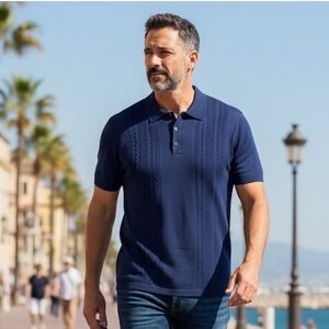 Stacy Adams‎ Mens 3X Navy Blue Knit Polo Shirt Short Sleeve Textured Cable 1737